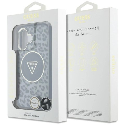Etui Guess HC IML Leopard Triangle Cord Strap MagSafe do iPhone 16 - czarne Etui Guess HC IML Leopard Triangle Cord Strap MagSafe do iPhone 16 - czarne