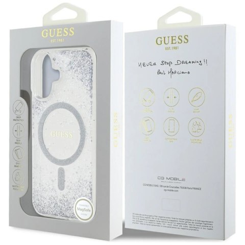 Etui Guess HC Resin Bottom Glitter MagSafe na iPhone 16 - srebrne Etui Guess HC Resin Bottom Glitter MagSafe na iPhone 16 - srebrne