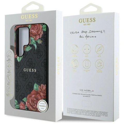 Etui Guess Leather 4G Flowers Print Metal Classic Logo MagSafe na Samsung Galaxy S25 Ultra - czarne Etui Guess Leather 4G Flowers Print Metal Classic Logo MagSafe na Samsung Galaxy S25 Ultra - czarne