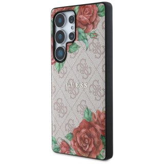 Etui Guess Leather 4G Flowers Print Metal Classic Logo MagSafe na Samsung Galaxy S25 Ultra - różowe