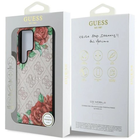 Etui Guess Leather 4G Flowers Print Metal Classic Logo MagSafe na Samsung Galaxy S25 Ultra - różowe Etui Guess Leather 4G Flowers Print Metal Classic Logo MagSafe na Samsung Galaxy S25 Ultra - różowe