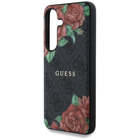 Etui Guess Leather 4G Flowers Print Metal Classic Logo MagSafe na Samsung Galaxy S25 - czarne Etui Guess Leather 4G Flowers Print Metal Classic Logo MagSafe na Samsung Galaxy S25 - czarne