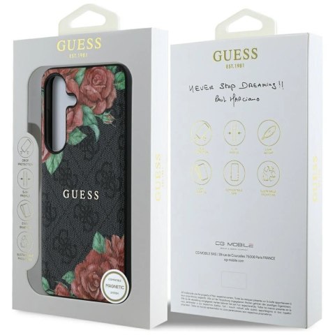 Etui Guess Leather 4G Flowers Print Metal Classic Logo MagSafe na Samsung Galaxy S25 - czarne Etui Guess Leather 4G Flowers Print Metal Classic Logo MagSafe na Samsung Galaxy S25 - czarne