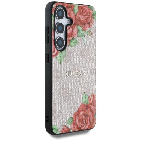 Etui Guess Leather 4G Flowers Print Metal Classic Logo MagSafe na Samsung Galaxy S25 - różowe Etui Guess Leather 4G Flowers Print Metal Classic Logo MagSafe na Samsung Galaxy S25 - różowe
