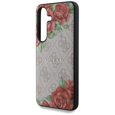 Etui Guess Leather 4G Flowers Print Metal Classic Logo MagSafe na Samsung Galaxy S25 - różowe Etui Guess Leather 4G Flowers Print Metal Classic Logo MagSafe na Samsung Galaxy S25 - różowe