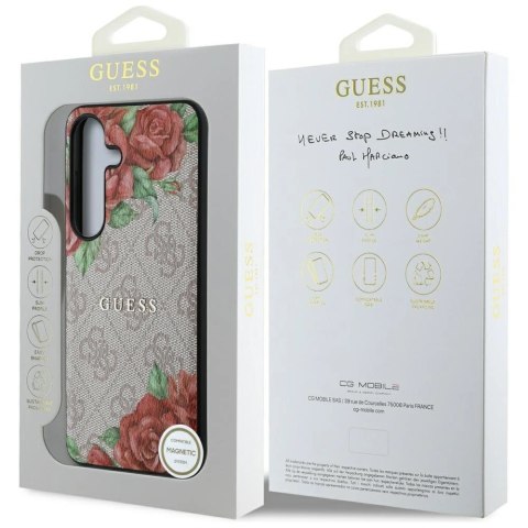 Etui Guess Leather 4G Flowers Print Metal Classic Logo MagSafe na Samsung Galaxy S25 - różowe Etui Guess Leather 4G Flowers Print Metal Classic Logo MagSafe na Samsung Galaxy S25 - różowe