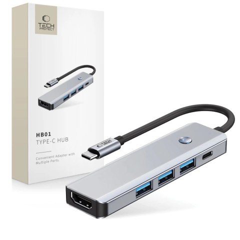 Adapter Tech-Protect HB01 HUB Adapter 5w1 USB-C + USB3.0 + HDMI 4K 60Hz + PD100W - szary Adapter Tech-Protect HB01 HUB Adapter 5w1 USB-C + USB3.0 + HDMI 4K 60Hz + PD100W - szary