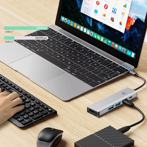 Adapter Tech-Protect HB01 HUB Adapter 5w1 USB-C + USB3.0 + HDMI 4K 60Hz + PD100W - szary Adapter Tech-Protect HB01 HUB Adapter 5w1 USB-C + USB3.0 + HDMI 4K 60Hz + PD100W - szary