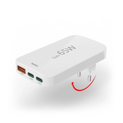 Ładowarka Hama GaN 65W 2x USB-C 1x USB-A składana - biała Ładowarka Hama GaN 65W 2x USB-C 1x USB-A składana - biała