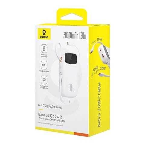 Powerbank Baseus QPow 2 20000mAh 30W z 2 wbudowanymi kablami USB-C - biały Powerbank Baseus QPow 2 20000mAh 30W z 2 wbudowanymi kablami USB-C - biały