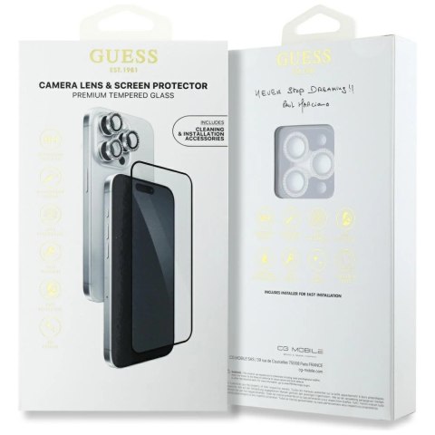 Zestaw 2w1 Guess BP Rhinestone szkło na ekran i obiektyw aparatu do iPhone 16 Pro Max - srebrny Zestaw 2w1 Guess BP Rhinestone szkło na ekran i obiektyw aparatu do iPhone 16 Pro Max - srebrny