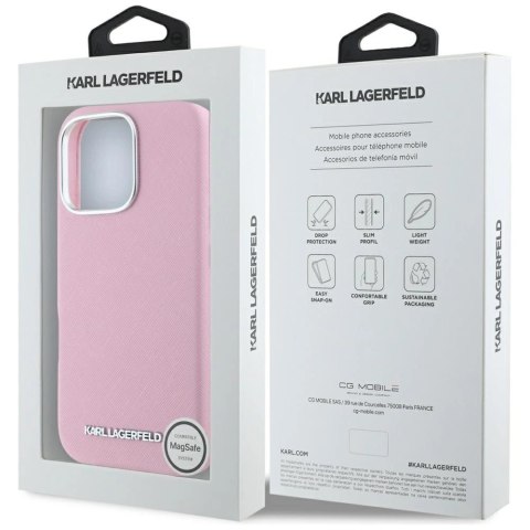 Etui Karl Lagerfeld Saffiano Full Wrapped Elongated Metal Logo MagSafe na iPhone 16 Pro - różowe Etui Karl Lagerfeld Saffiano Full Wrapped Elongated Metal Logo MagSafe na iPhone 16 Pro - różowe