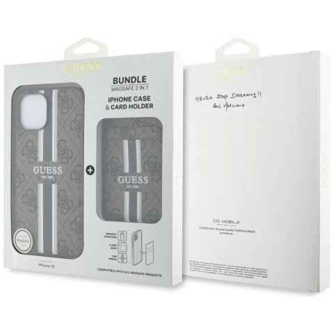 Etui Guess 4G Stripes z portfelem Magsafe do iPhone 15 brązowy