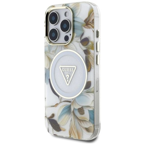 Etui Guess Glitter Flowers Triangle Buttons MagSafe do iPhone 16 Pro biały Etui Guess Glitter Flowers Triangle Buttons MagSafe do iPhone 16 Pro biały