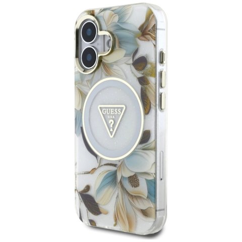 Etui Guess Glitter Flowers Triangle Buttons MagSafe do iPhone 16 biały Etui Guess Glitter Flowers Triangle Buttons MagSafe do iPhone 16 biały