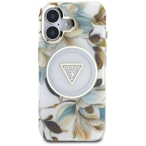 Etui Guess Glitter Flowers Triangle Buttons MagSafe do iPhone 16 biały Etui Guess Glitter Flowers Triangle Buttons MagSafe do iPhone 16 biały