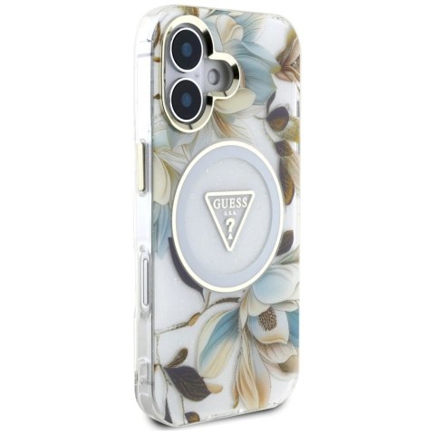 Etui Guess Glitter Flowers Triangle Buttons MagSafe do iPhone 16 biały Etui Guess Glitter Flowers Triangle Buttons MagSafe do iPhone 16 biały