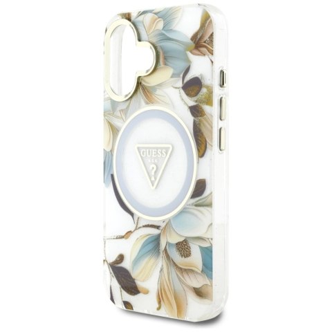 Etui Guess Glitter Flowers Triangle Buttons MagSafe do iPhone 16 biały Etui Guess Glitter Flowers Triangle Buttons MagSafe do iPhone 16 biały
