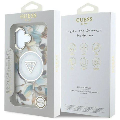 Etui Guess Glitter Flowers Triangle Buttons MagSafe do iPhone 16 biały Etui Guess Glitter Flowers Triangle Buttons MagSafe do iPhone 16 biały
