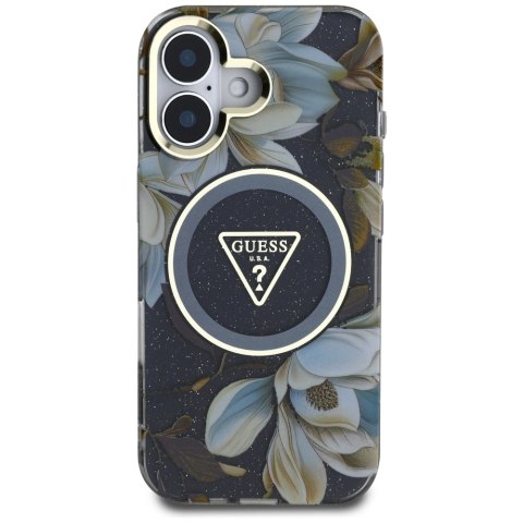 Etui Guess Glitter Flowers Triangle Buttons MagSafe do iPhone 16 czarny Etui Guess Glitter Flowers Triangle Buttons MagSafe do iPhone 16 czarny