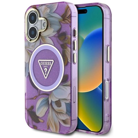Etui Guess Glitter Flowers Triangle Buttons MagSafe do iPhone 16 fioletowy Etui Guess Glitter Flowers Triangle Buttons MagSafe do iPhone 16 fioletowy