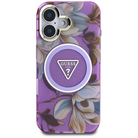 Etui Guess Glitter Flowers Triangle Buttons MagSafe do iPhone 16 fioletowy Etui Guess Glitter Flowers Triangle Buttons MagSafe do iPhone 16 fioletowy