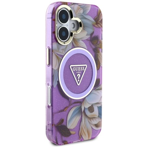 Etui Guess Glitter Flowers Triangle Buttons MagSafe do iPhone 16 fioletowy Etui Guess Glitter Flowers Triangle Buttons MagSafe do iPhone 16 fioletowy