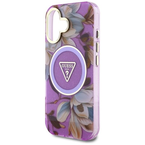 Etui Guess Glitter Flowers Triangle Buttons MagSafe do iPhone 16 fioletowy Etui Guess Glitter Flowers Triangle Buttons MagSafe do iPhone 16 fioletowy