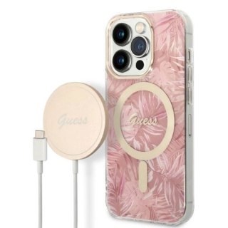 Zestaw Guess etui MagSafe + ładowarka do iPhone 14 Pro 6,1" - różowy