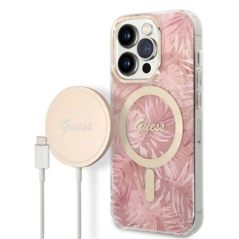 Zestaw Guess etui MagSafe + ładowarka do iPhone 14 Pro 6,1" - różowy Zestaw Guess etui MagSafe + ładowarka do iPhone 14 Pro 6,1" - różowy