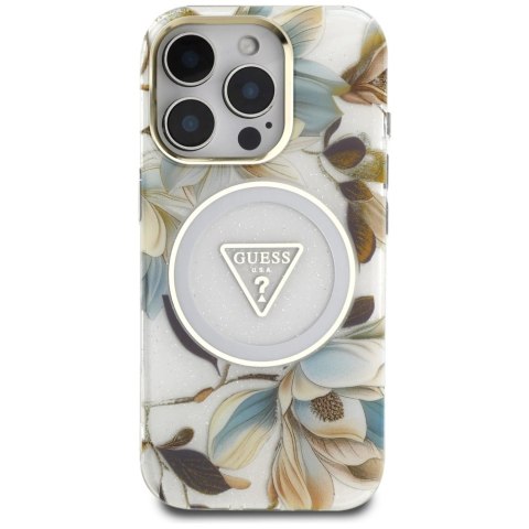 Etui Guess Glitter Flowers Triangle Buttons MagSafe do iPhone 16 Pro Max biały Etui Guess Glitter Flowers Triangle Buttons MagSafe do iPhone 16 Pro Max biały