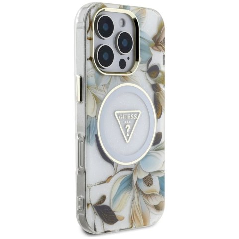 Etui Guess Glitter Flowers Triangle Buttons MagSafe do iPhone 16 Pro Max biały Etui Guess Glitter Flowers Triangle Buttons MagSafe do iPhone 16 Pro Max biały