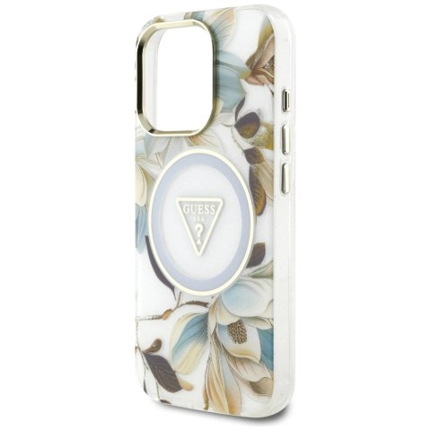 Etui Guess Glitter Flowers Triangle Buttons MagSafe do iPhone 16 Pro Max biały Etui Guess Glitter Flowers Triangle Buttons MagSafe do iPhone 16 Pro Max biały