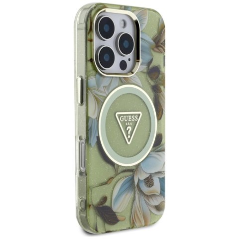 Etui Guess Glitter Flowers Triangle Buttons MagSafe do iPhone 16 Pro Max zielony Etui Guess Glitter Flowers Triangle Buttons MagSafe do iPhone 16 Pro Max zielony
