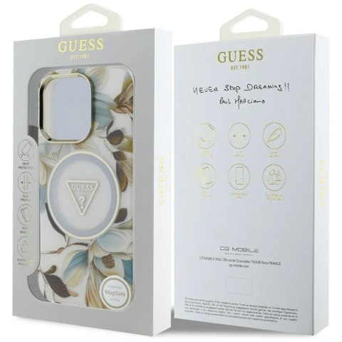 Etui Guess Glitter Flowers Triangle Buttons MagSafe do iPhone 16 Pro biały Etui Guess Glitter Flowers Triangle Buttons MagSafe do iPhone 16 Pro biały