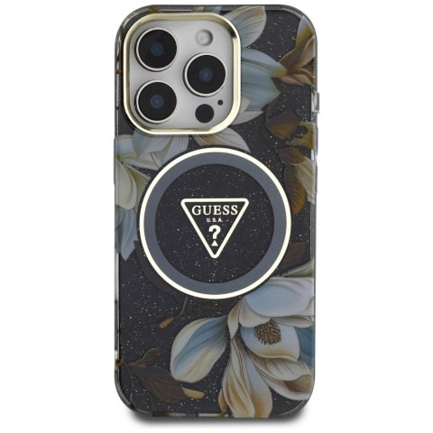 Etui Guess Glitter Flowers Triangle Buttons MagSafe do iPhone 16 Pro czarny Etui Guess Glitter Flowers Triangle Buttons MagSafe do iPhone 16 Pro czarny