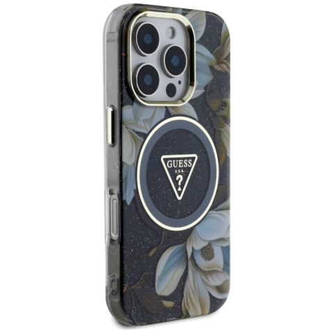 Etui Guess Glitter Flowers Triangle Buttons MagSafe do iPhone 16 Pro czarny Etui Guess Glitter Flowers Triangle Buttons MagSafe do iPhone 16 Pro czarny