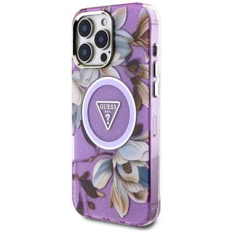 Etui Guess Glitter Flowers Triangle Buttons MagSafe do iPhone 16 Pro fioletowy Etui Guess Glitter Flowers Triangle Buttons MagSafe do iPhone 16 Pro fioletowy