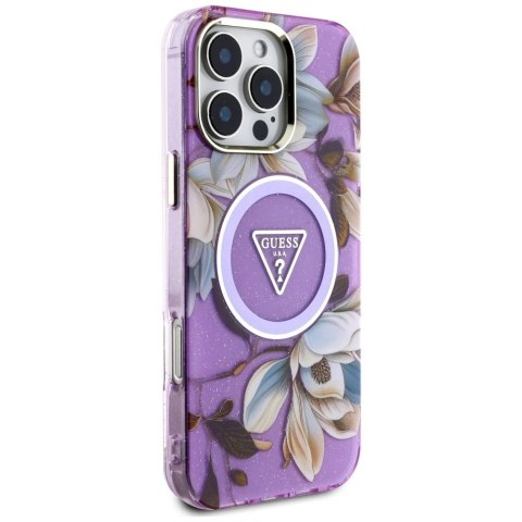 Etui Guess Glitter Flowers Triangle Buttons MagSafe do iPhone 16 Pro fioletowy Etui Guess Glitter Flowers Triangle Buttons MagSafe do iPhone 16 Pro fioletowy
