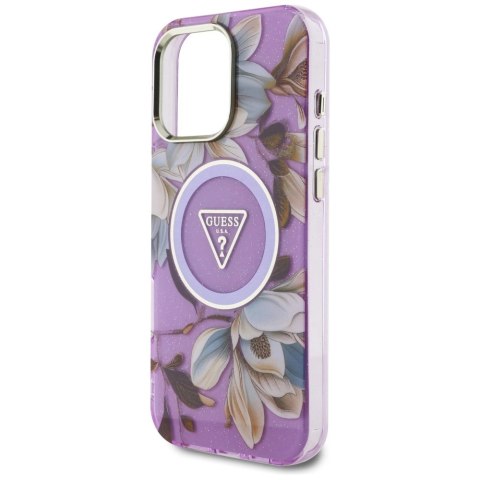 Etui Guess Glitter Flowers Triangle Buttons MagSafe do iPhone 16 Pro fioletowy Etui Guess Glitter Flowers Triangle Buttons MagSafe do iPhone 16 Pro fioletowy