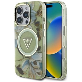Etui Guess Glitter Flowers Triangle Buttons MagSafe do iPhone 16 Pro zielony