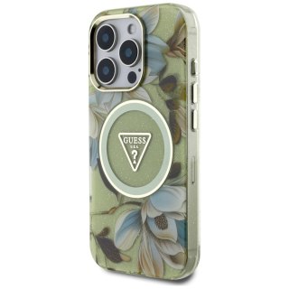 Etui Guess Glitter Flowers Triangle Buttons MagSafe do iPhone 16 Pro zielony