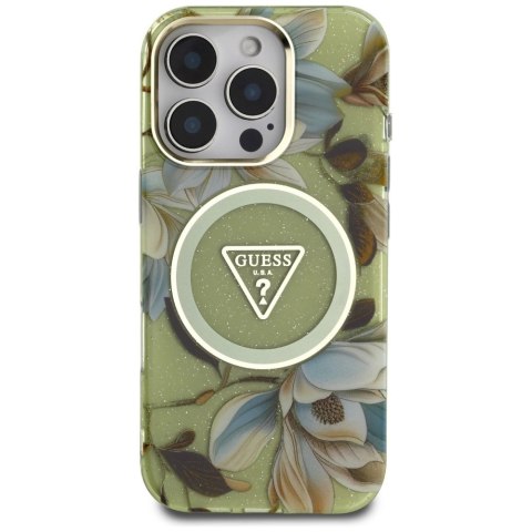 Etui Guess Glitter Flowers Triangle Buttons MagSafe do iPhone 16 Pro zielony Etui Guess Glitter Flowers Triangle Buttons MagSafe do iPhone 16 Pro zielony