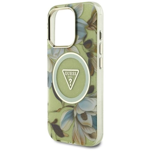 Etui Guess Glitter Flowers Triangle Buttons MagSafe do iPhone 16 Pro zielony Etui Guess Glitter Flowers Triangle Buttons MagSafe do iPhone 16 Pro zielony