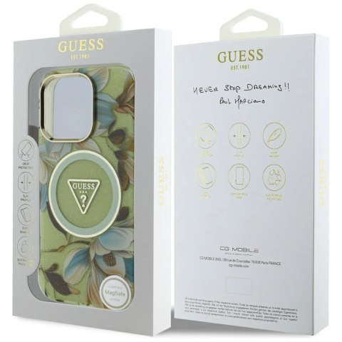 Etui Guess Glitter Flowers Triangle Buttons MagSafe do iPhone 16 Pro zielony Etui Guess Glitter Flowers Triangle Buttons MagSafe do iPhone 16 Pro zielony