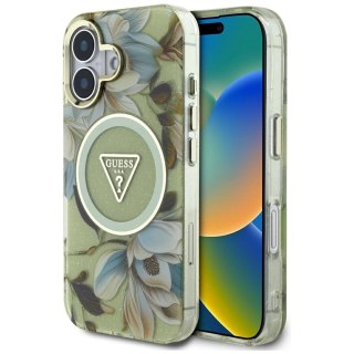Etui Guess Glitter Flowers Triangle Buttons MagSafe do iPhone 16 zielony