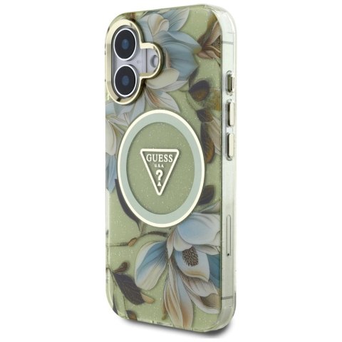 Etui Guess Glitter Flowers Triangle Buttons MagSafe do iPhone 16 zielony Etui Guess Glitter Flowers Triangle Buttons MagSafe do iPhone 16 zielony