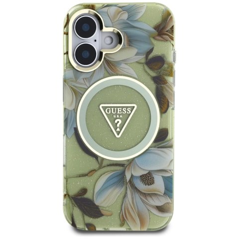 Etui Guess Glitter Flowers Triangle Buttons MagSafe do iPhone 16 zielony Etui Guess Glitter Flowers Triangle Buttons MagSafe do iPhone 16 zielony