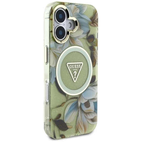 Etui Guess Glitter Flowers Triangle Buttons MagSafe do iPhone 16 zielony Etui Guess Glitter Flowers Triangle Buttons MagSafe do iPhone 16 zielony