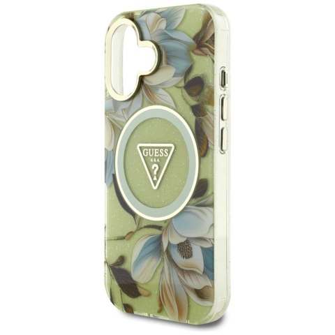 Etui Guess Glitter Flowers Triangle Buttons MagSafe do iPhone 16 zielony Etui Guess Glitter Flowers Triangle Buttons MagSafe do iPhone 16 zielony